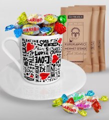 Kişiye Özel Sevgililer Günü Türk Kahvesi Fincanı Mehmet Efendi Kahve ve Haribo Şeker Hediye Seti-69