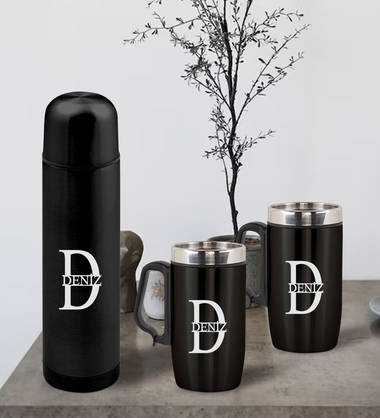 BK Gift Kişiye Özel Deri Çantalı Siyah Seyahat Termosu ve İkili Termos Mug Hediye Seti -3
