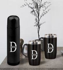 BK Gift Kişiye Özel Deri Çantalı Siyah Seyahat Termosu ve İkili Termos Mug Hediye Seti -3
