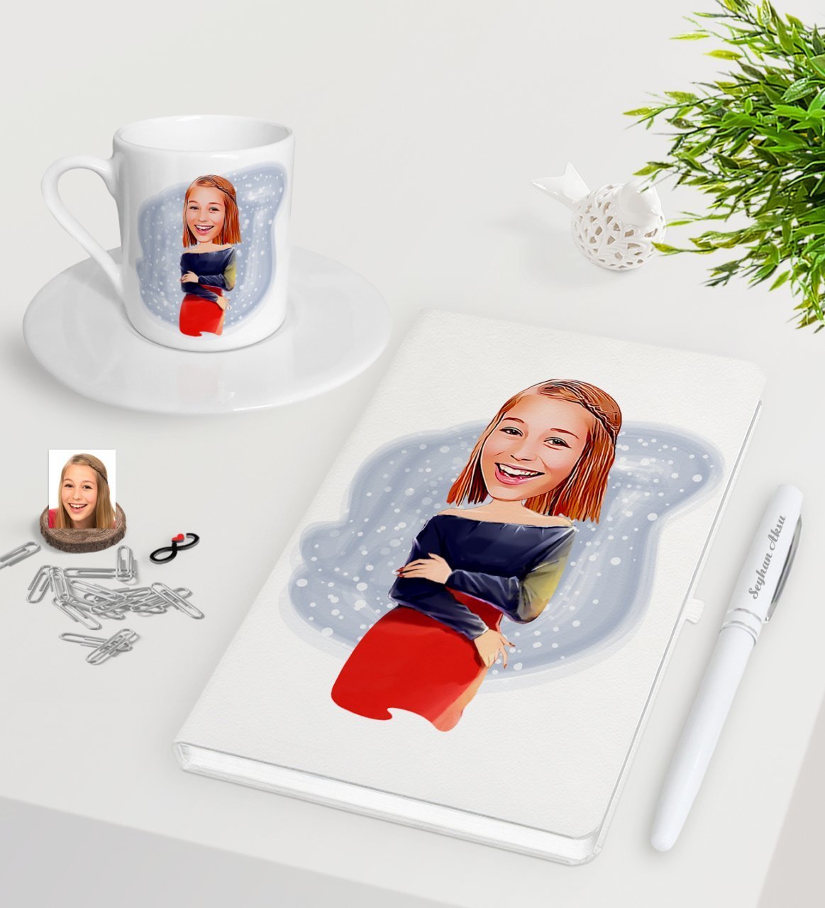 Kişiye Özel Bayan Karikatürlü Beyaz Defter Kalem Türk Kahvesi Fincanı Seti-12