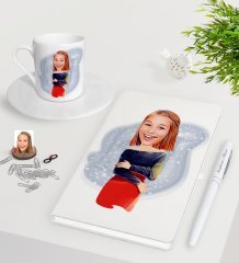 Kişiye Özel Bayan Karikatürlü Beyaz Defter Kalem Türk Kahvesi Fincanı Seti-12
