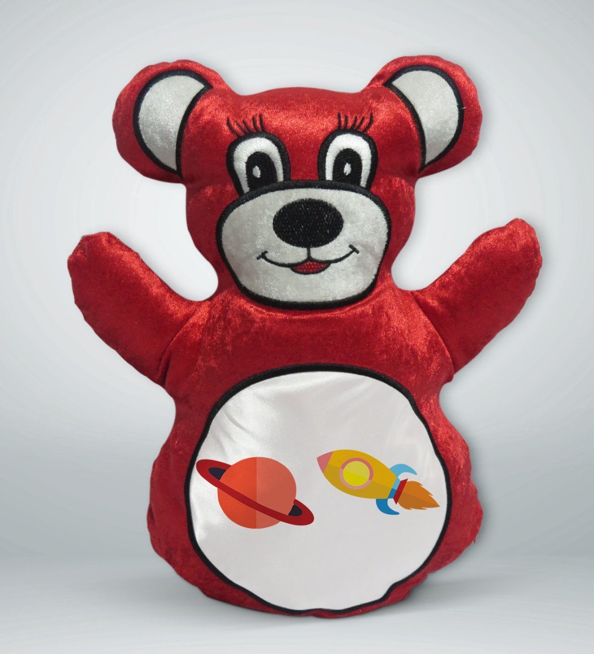 BK Gift Uzay Aracı Tasarımlı Kırmızı Ayıcık Yastık-1