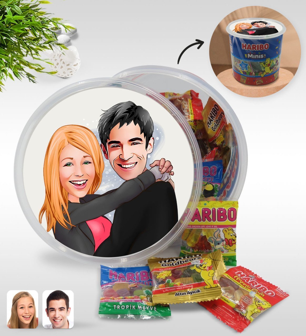 Kişiye Özel Sevgililer Karikatürlü Dev Boy Haribo Minis Kovası (10gx100adet) Model 88