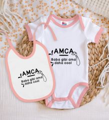 BK Kids Amca Baba Gibi Tasarımlı Pembe Bebek Body Zıbın ve Mama Önlüğü Hediye Seti-1