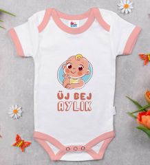BK Kids Uj Bej Aylık Tasarımlı Pembe Bebek Body Zıbın-1