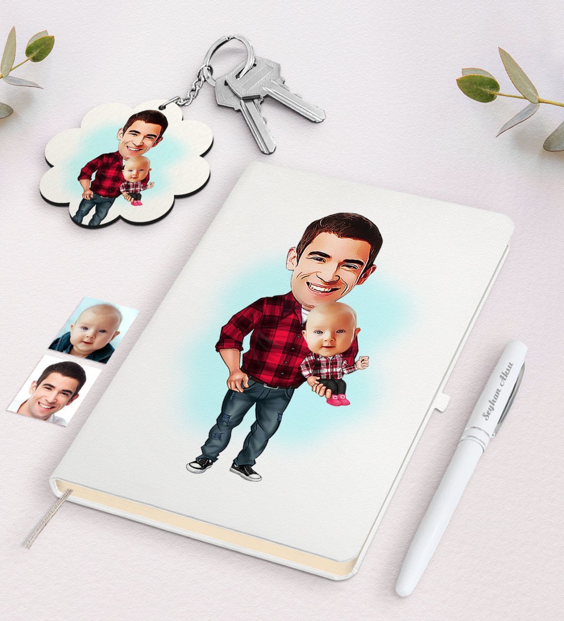 Kişiye Özel Baba Oğul Karikatürlü Beyaz Defter Kalem ve Anahtarlık Hediye Seti-3