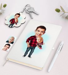 Kişiye Özel Baba Oğul Karikatürlü Beyaz Defter Kalem ve Anahtarlık Hediye Seti-3