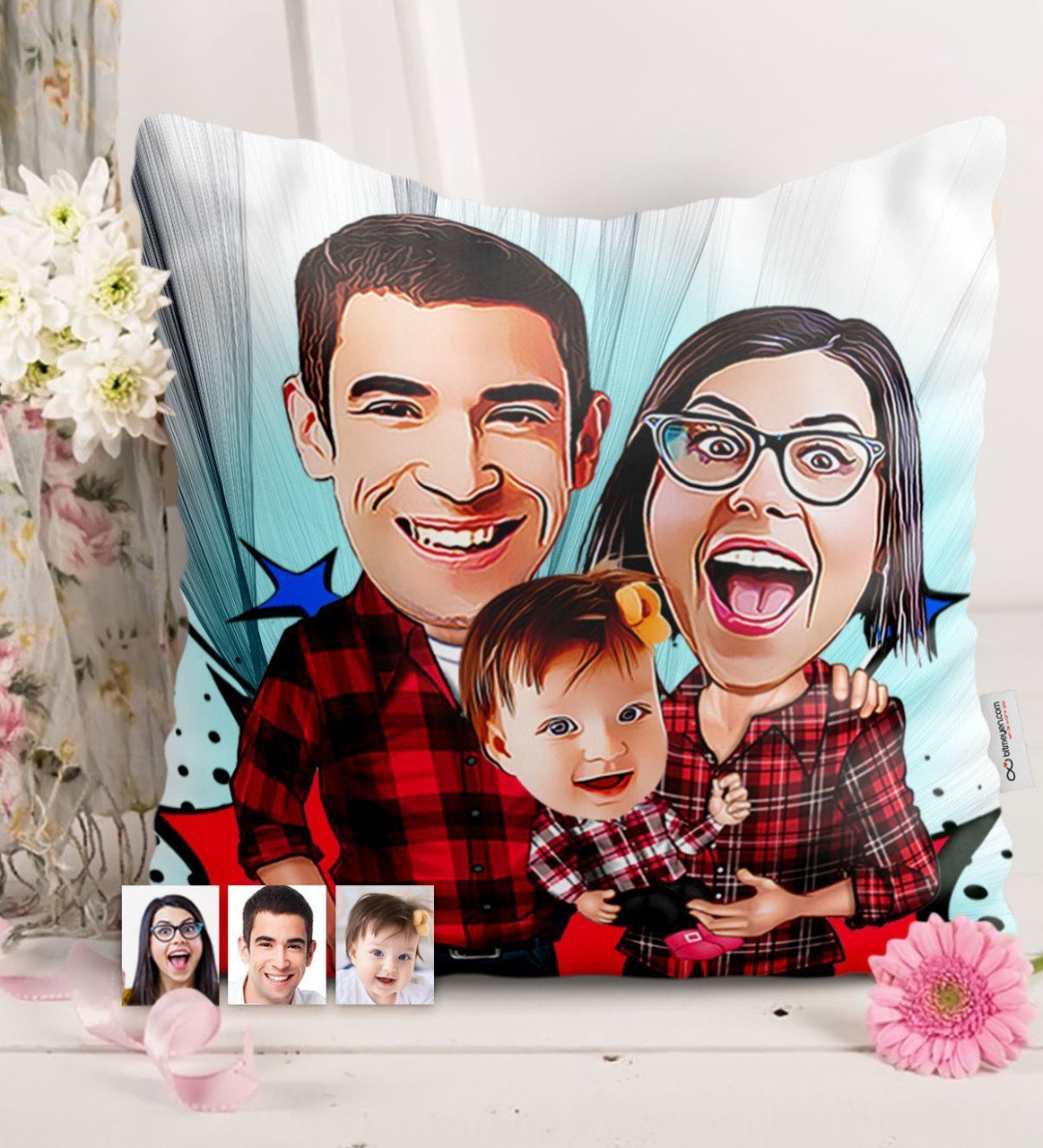 Kişiye Özel Aile Karikatürlü Saten Yastık - 2