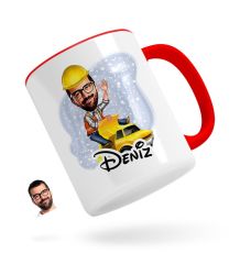 Kişiye Özel Erkek Yol Mühendisi Karikatürlü Kırmızı Kupa Bardak-1