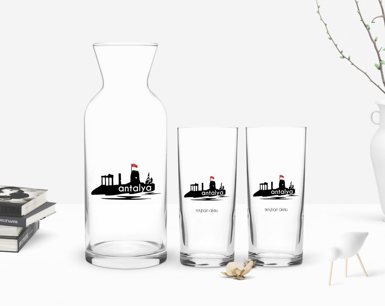 Kişiye Özel Renkli Baskılı Antalya Tasarımlı Turistik İkili Rakı Bardağı ve Karaf Hediye Seti-2