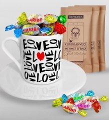 Kişiye Özel Sevgililer Günü Türk Kahvesi Fincanı Mehmet Efendi Kahve ve Haribo Şeker Hediye Seti-68