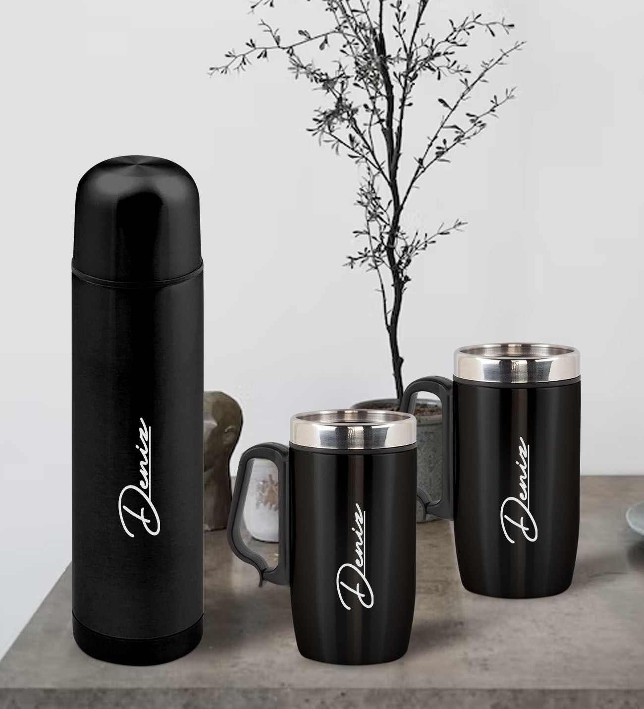 BK Gift Kişiye Özel Deri Çantalı Siyah Seyahat Termosu ve İkili Termos Mug Hediye Seti -2