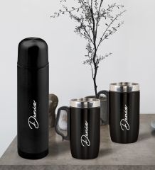 BK Gift Kişiye Özel Deri Çantalı Siyah Seyahat Termosu ve İkili Termos Mug Hediye Seti -2