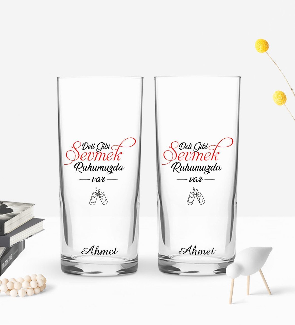 Kişiye Özel Renkli Baskılı Deli Gibi Sevmek Tasarımlı İkili Rakı Bardağı Seti-1