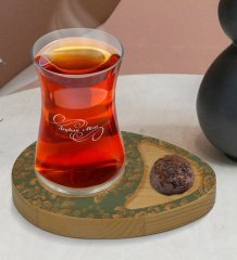 Kişiye Özel Retro Motif Tasarımlı Doğal Ahşap Tabaklı Heybeli Çay Bardağı Sunum Seti Model 5