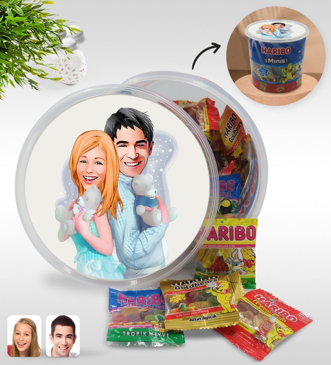 Kişiye Özel Sevgililer Karikatürlü Dev Boy Haribo Minis Kovası (10gx100adet) Model 87
