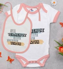 BK Kids Akul Vermenuz Bittiyse Tasarımlı Pembe Bebek Body Zıbın ve Mama Önlüğü Hediye Seti-1