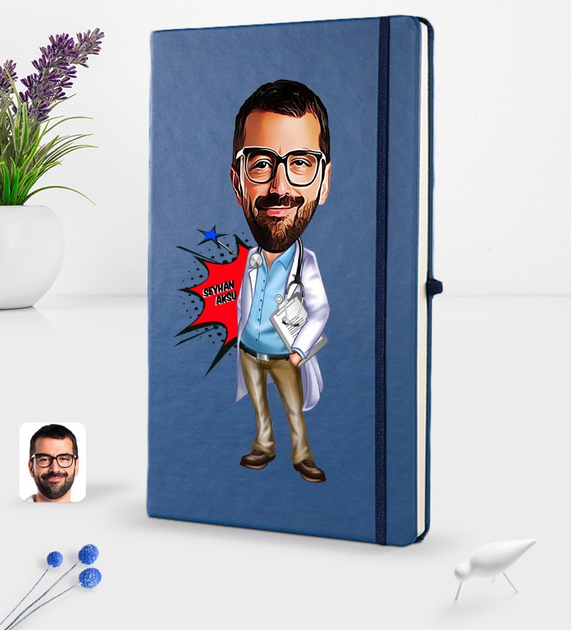 Kişiye Özel Erkek Doktor Karikatürlü Lacivert Termo Deri Defter 16x24cm Model 3