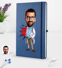 Kişiye Özel Erkek Doktor Karikatürlü Lacivert Termo Deri Defter 16x24cm Model 3