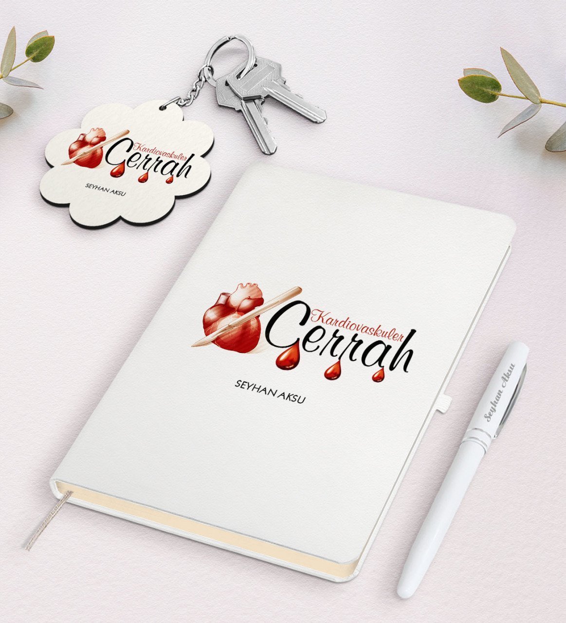 Kişiye Özel Kardiovaskuler Cerrah Beyaz Defter Kalem ve Anahtarlık Hediye Seti-2