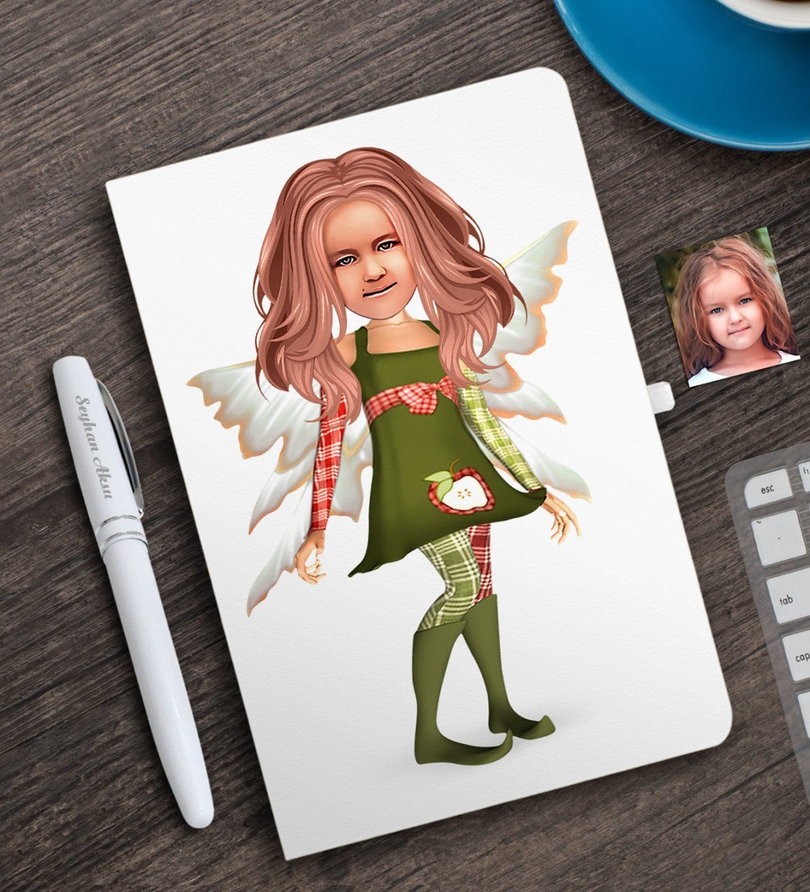 Kişiye Özel Kız Çocuk Peri Karikatürlü Beyaz Defter ve Kalem Hediye Seti-1