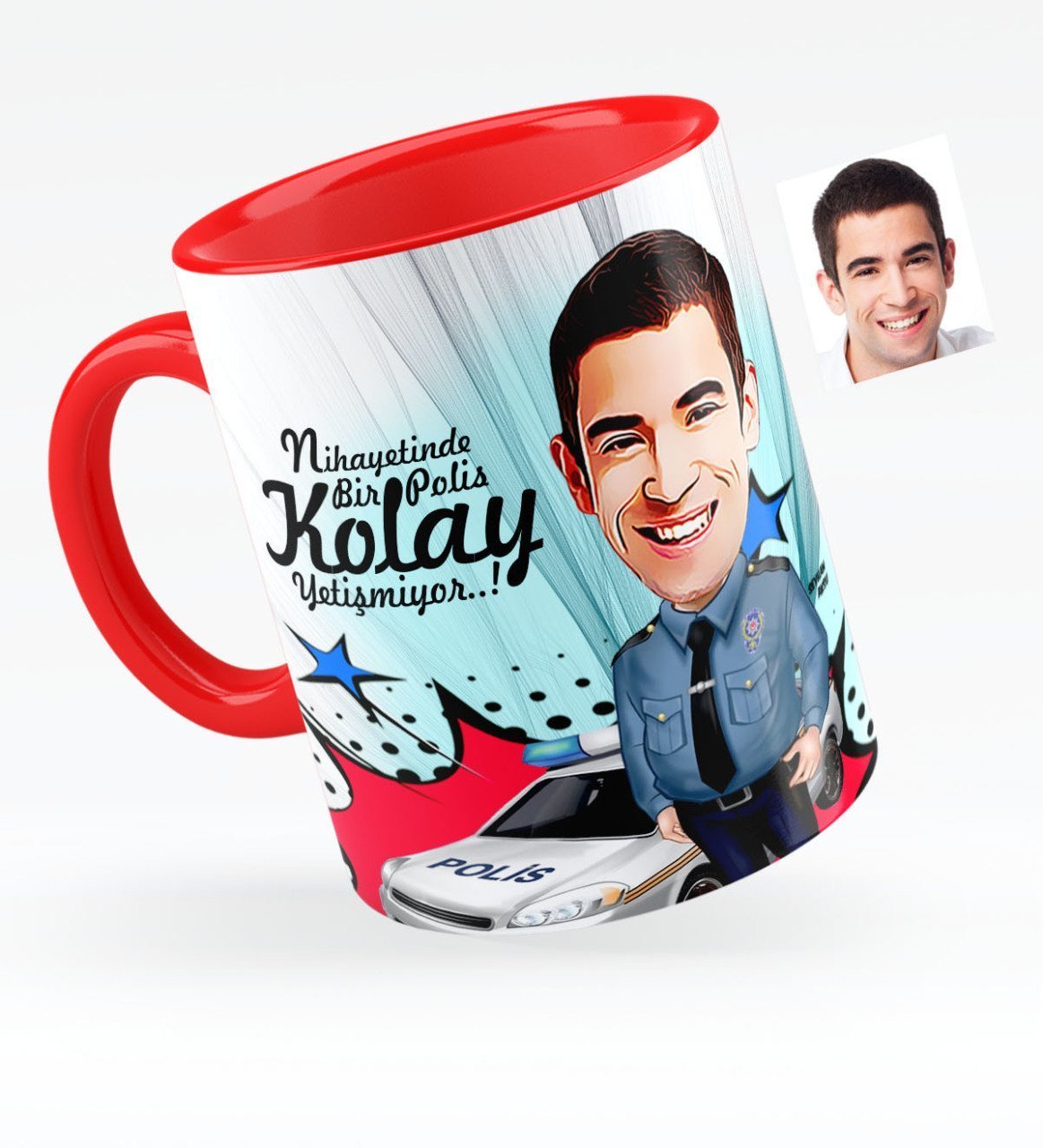 Kişiye Özel Bay Polis Karikatürlü Kırmızı Kupa Bardak - 6