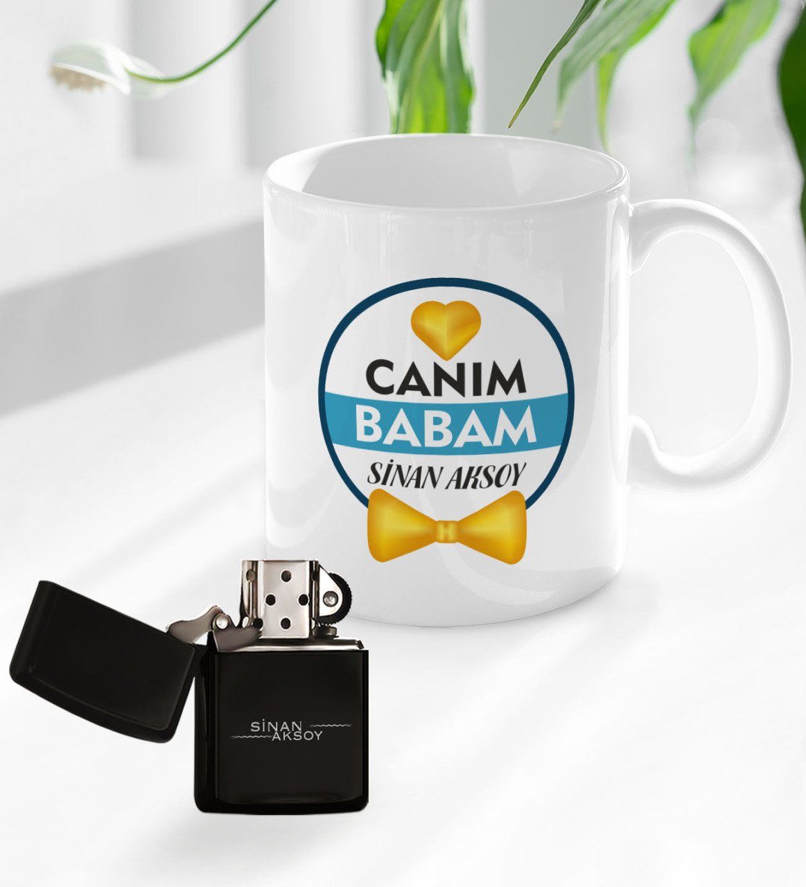 Kişiye Özel Canım Babam Tasarımlı Kupa Bardak ve Benzinli Çakmak Seti - Model 1