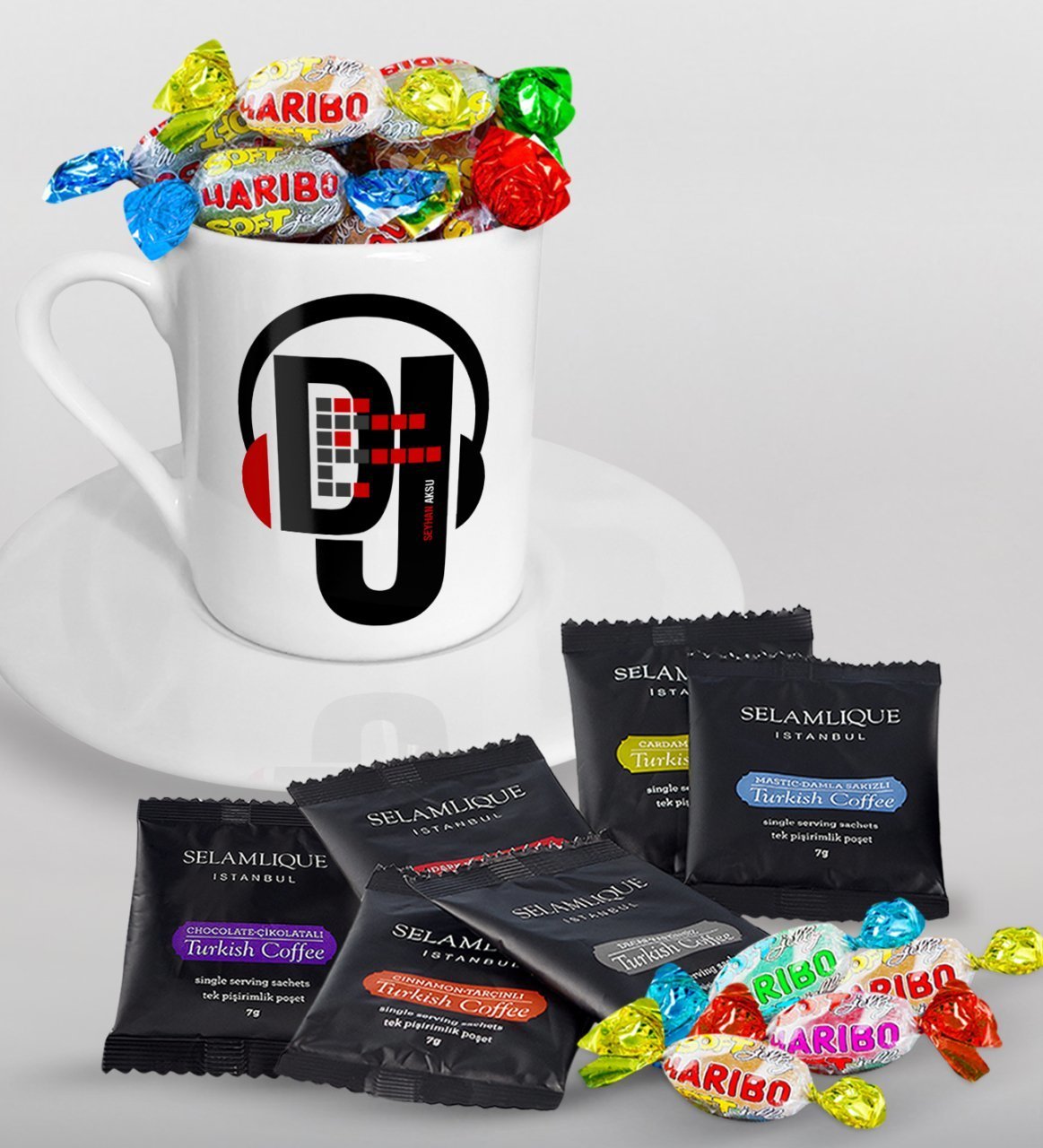 Kişiye Özel DJ Türk Kahvesi Fincanı Selamlique Karışık Türk Kahvesi ve Haribo Şeker Hediye Seti-1