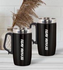BK Gift Kişiye Özel Deri Çantalı Siyah Seyahat Termosu ve İkili Termos Mug Hediye Seti -1