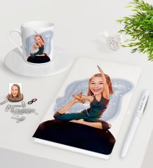 Kişiye Özel Bayan Yoga Karikatürlü Beyaz Defter Kalem Türk Kahvesi Fincanı Seti-2