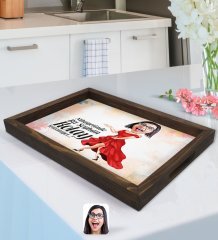 Kişiye Özel Kadın Nihayetinde Karikatürlü Doğal Ahşap Tepsi-1