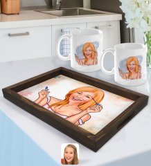 Kişiye Özel Kadın Karikatürlü Doğal Ahşap Tepsi ve 2’li Kupa Bardak Seti-21