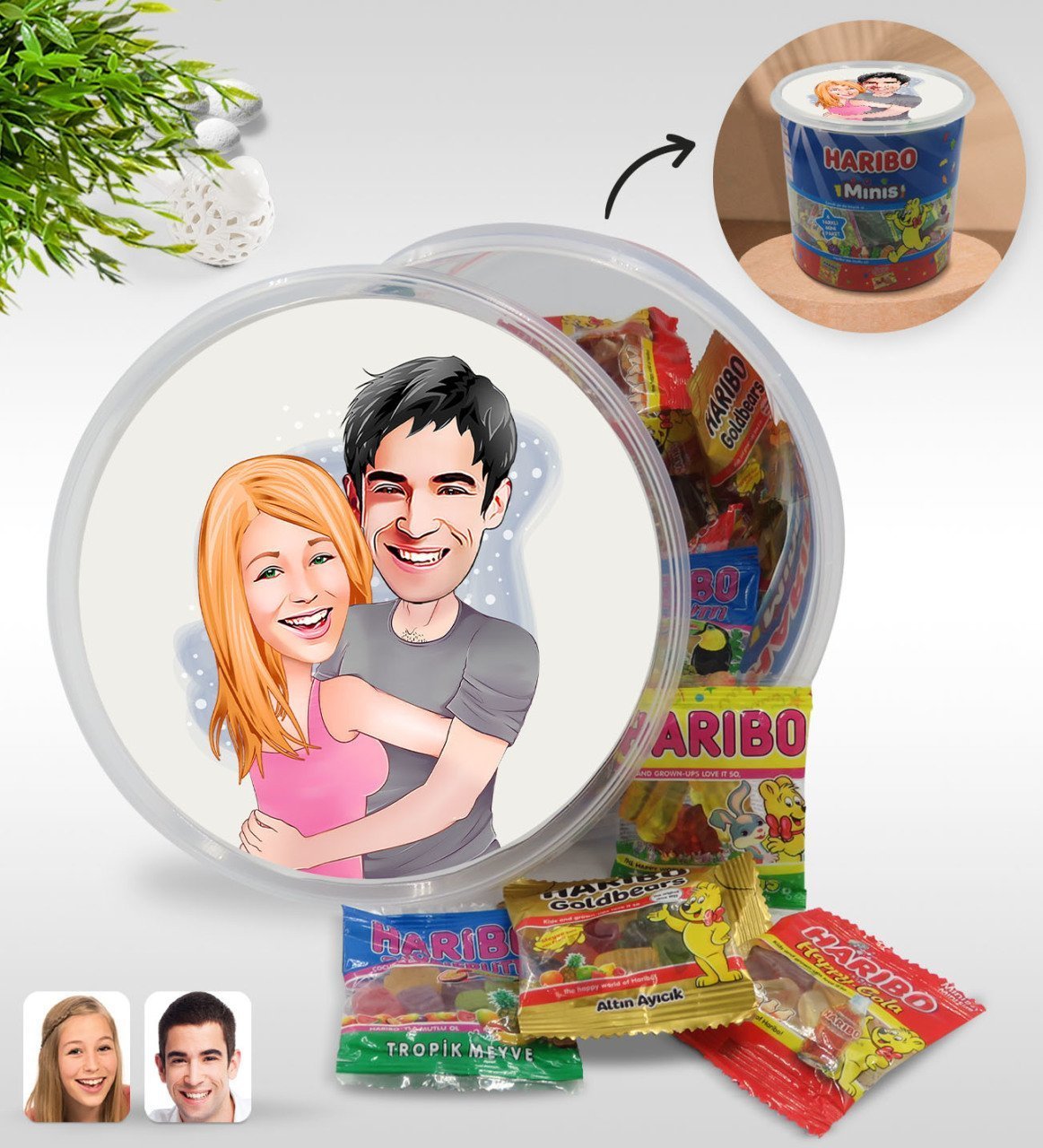 Kişiye Özel Sevgililer Karikatürlü Dev Boy Haribo Minis Kovası (10gx100adet) Model 86