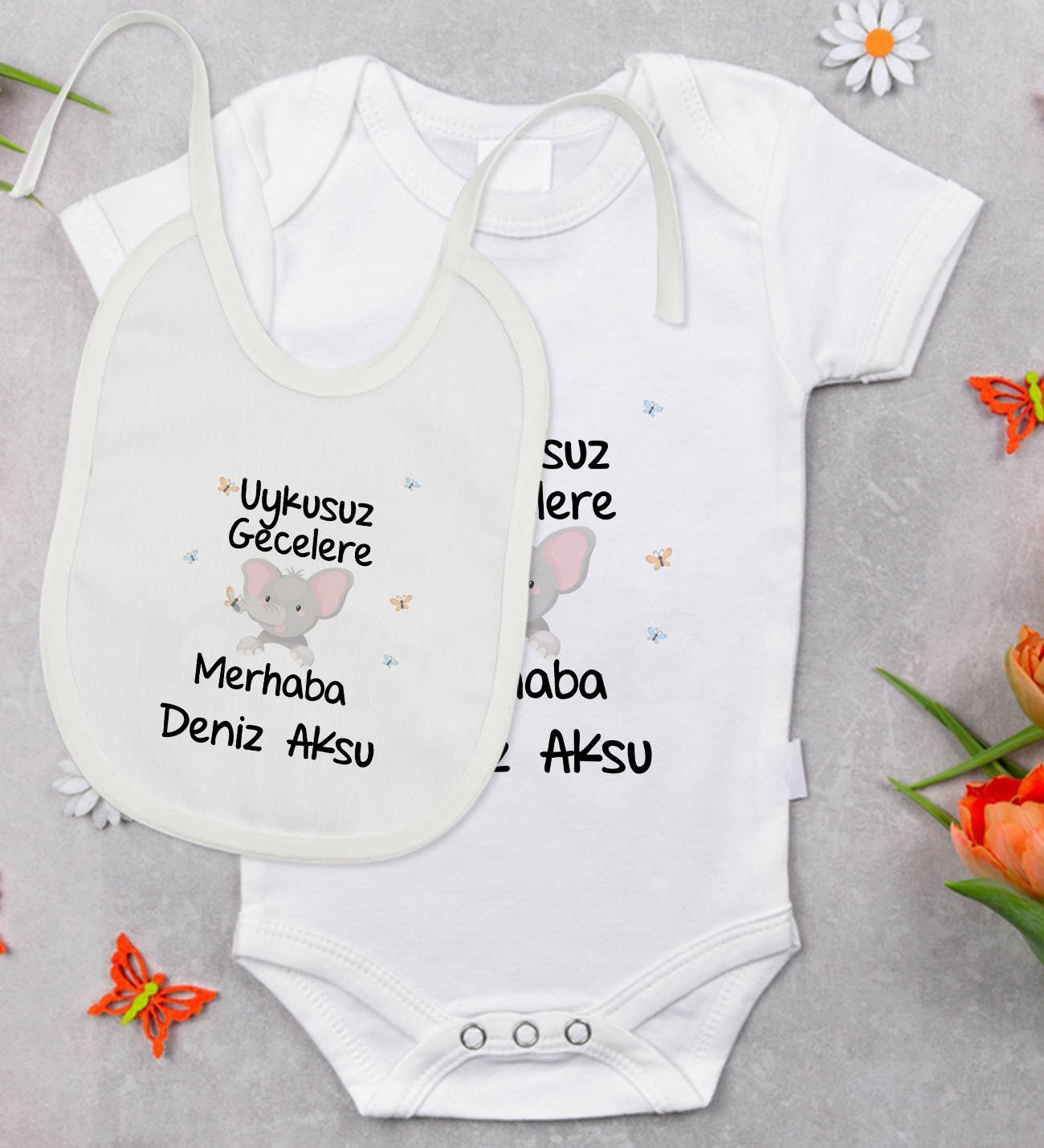 BK Kids Kişiye Özel Uykusuz Gecelere Merhaba Tasarımlı Bebek Body Zıbın ve Mama Önlüğü Hediye Seti - Model 1