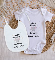 BK Kids Kişiye Özel Uykusuz Gecelere Merhaba Tasarımlı Bebek Body Zıbın ve Mama Önlüğü Hediye Seti - Model 1