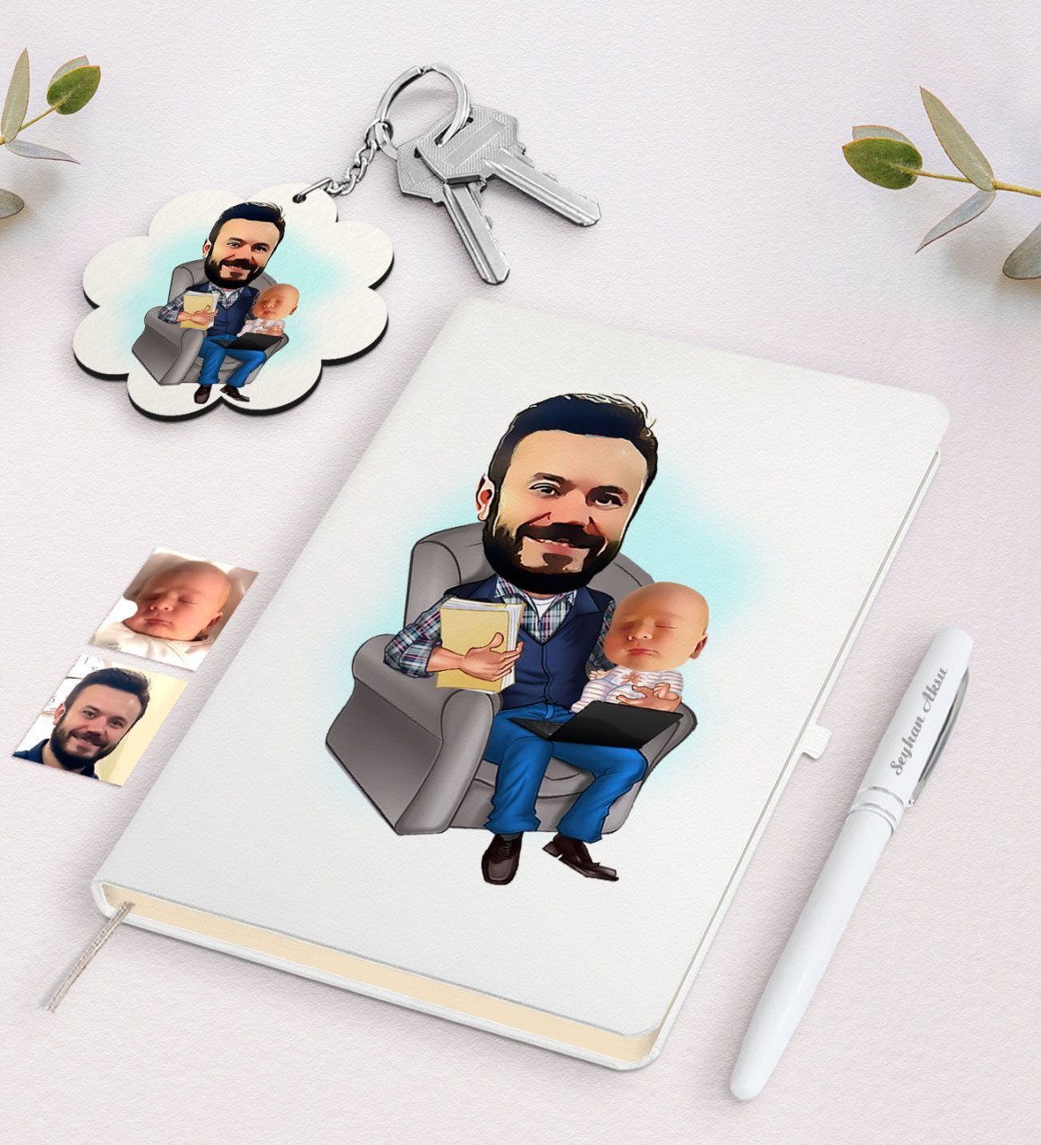 Kişiye Özel Baba Oğul Karikatürlü Beyaz Defter Kalem ve Anahtarlık Hediye Seti-1