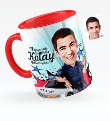 Kişiye Özel Bay Polis Karikatürlü Kırmızı Kupa Bardak - 5
