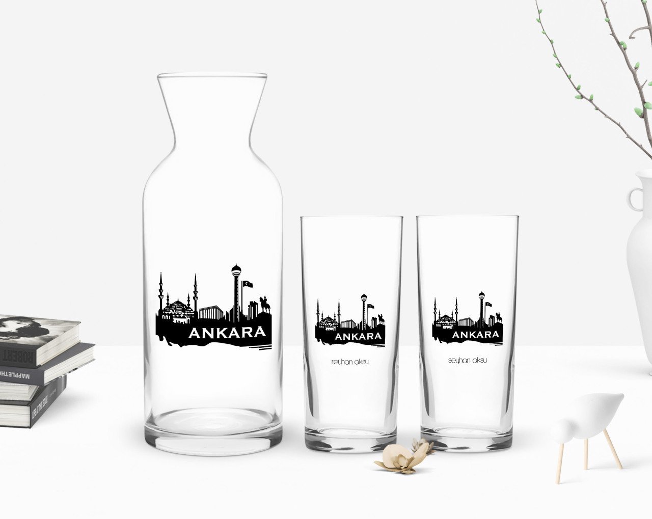 Kişiye Özel Renkli Baskılı Ankara Tasarımlı Turistik İkili Rakı Bardağı ve Karaf Hediye Seti-2