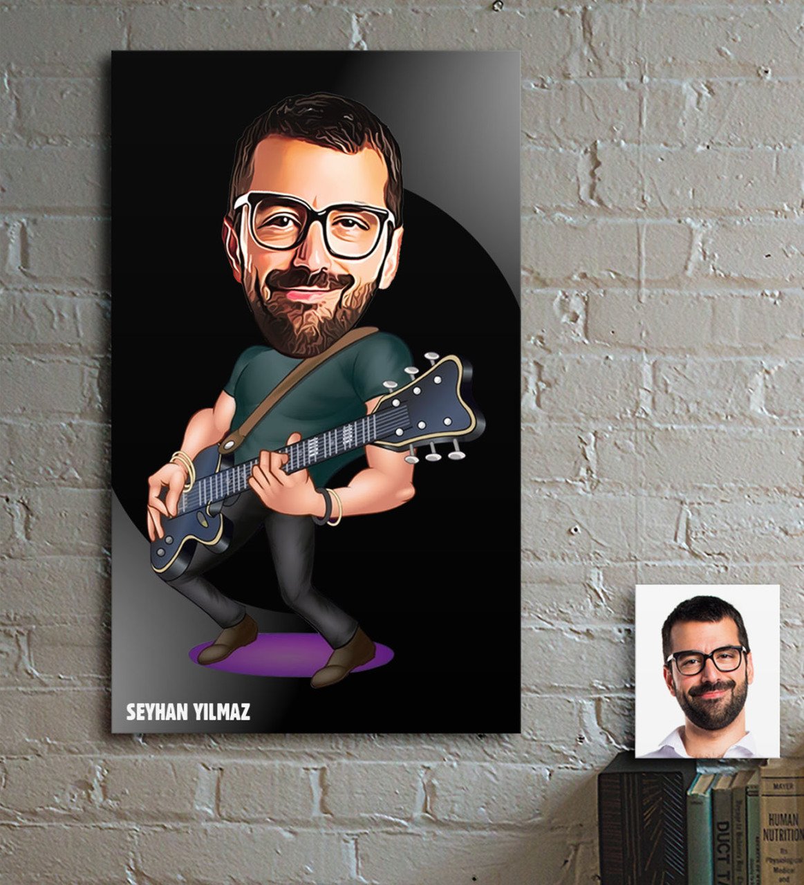 Kişiye Özel Bay Gitarist Karikatür Ahşap Tablo - 1