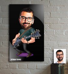 Kişiye Özel Bay Gitarist Karikatür Ahşap Tablo - 1