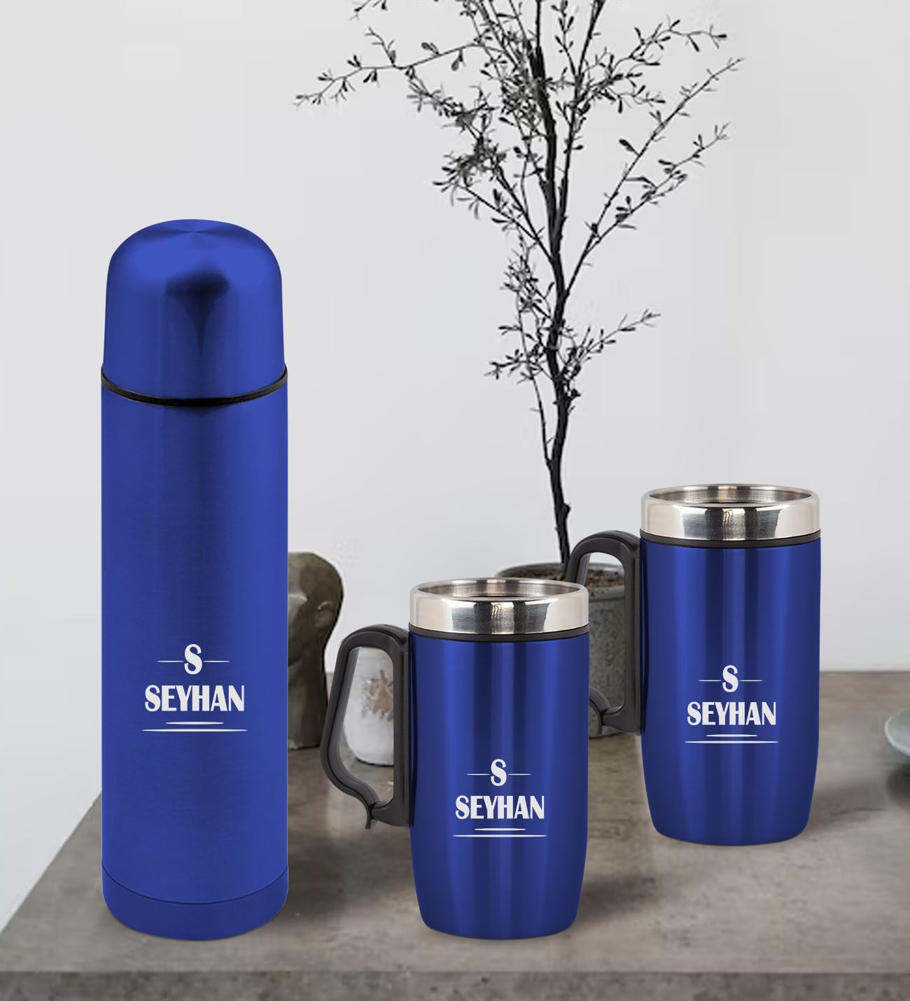 BK Gift Kişiye Özel Deri Çantalı Mavi Seyahat Termosu ve İkili Termos Mug Hediye Seti -7