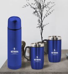 BK Gift Kişiye Özel Deri Çantalı Mavi Seyahat Termosu ve İkili Termos Mug Hediye Seti -7