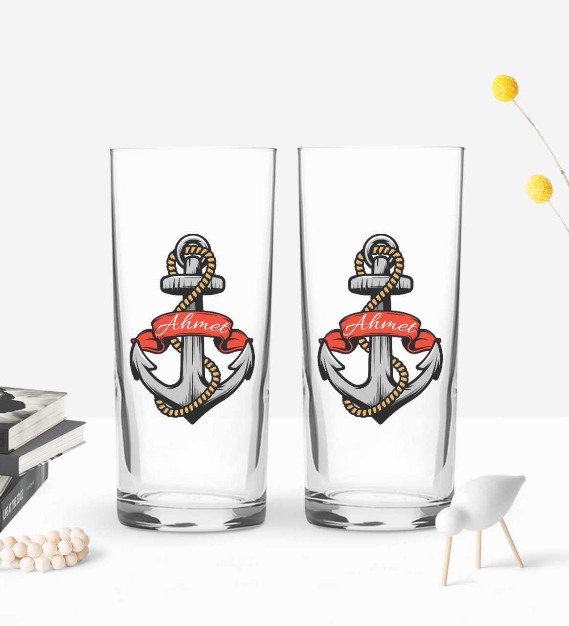 Kişiye Özel Renkli Baskılı Çapa Tasarımlı İkili Rakı Bardağı Seti-3