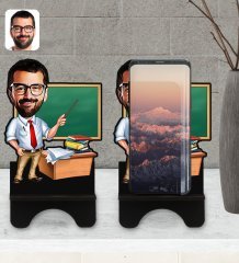 Kişiye Özel Erkek Öğretmen Karikatürlü Ahşap Biblo Telefon Standı-1