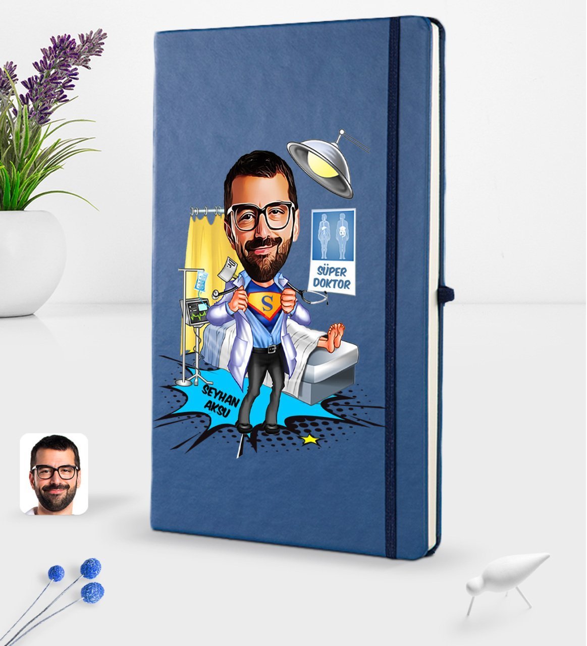 Kişiye Özel Erkek Doktor Karikatürlü Lacivert Termo Deri Defter 16x24cm Model 1