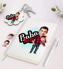 Kişiye Özel Baba Kız Karikatürlü Beyaz Defter Kalem ve Anahtarlık Hediye Seti-4