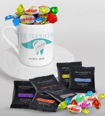 Kişiye Özel Diş Teknikeri Türk Kahvesi Fincanı Selamlique Karışık Türk Kahvesi ve Haribo Şeker Hediye Seti-1
