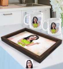 Kişiye Özel Kadın Karikatürlü Doğal Ahşap Tepsi ve 2’li Kupa Bardak Seti-19