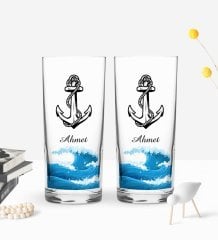 Kişiye Özel Renkli Baskılı Çapa Tasarımlı İkili Rakı Bardağı Seti-2