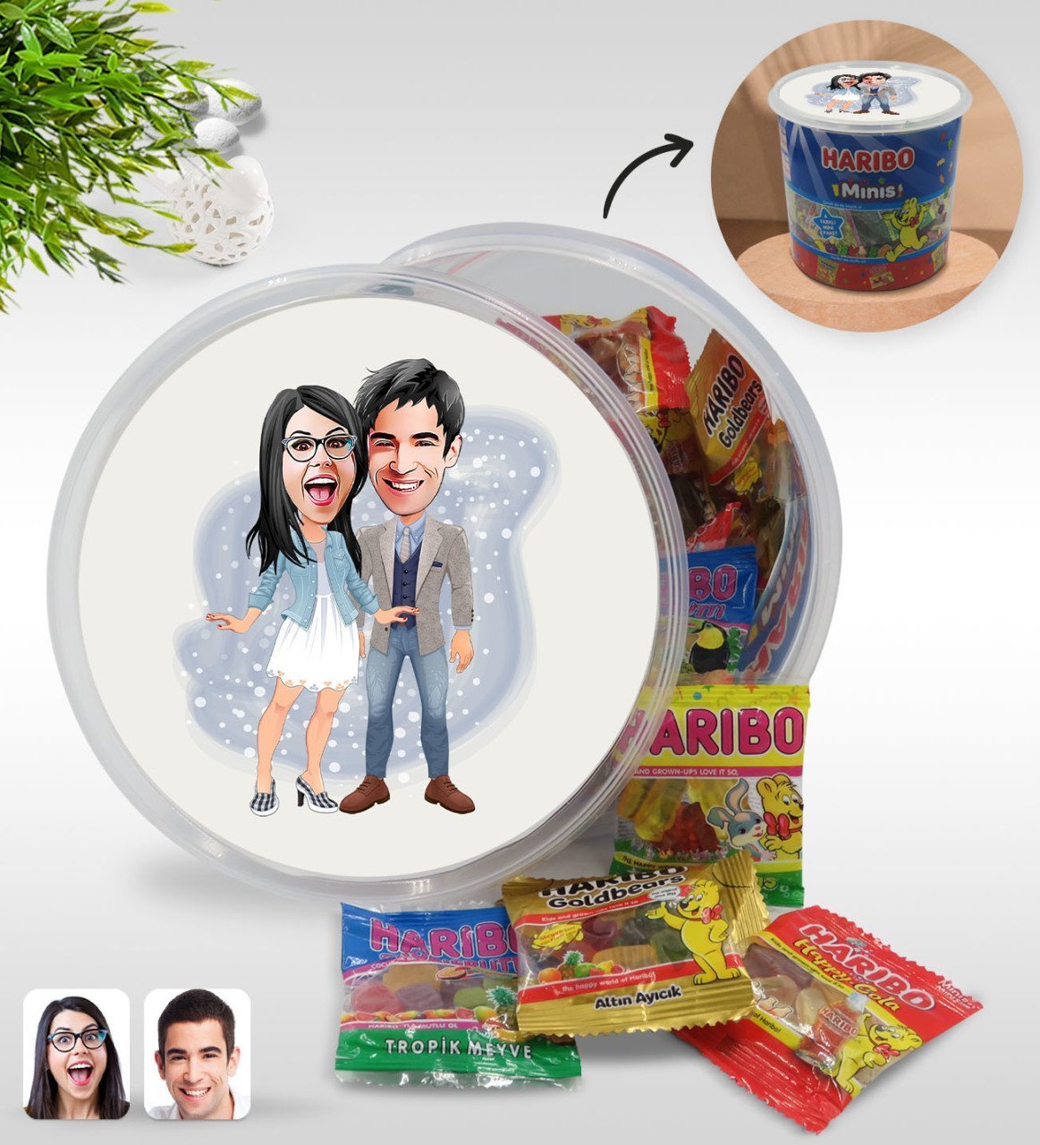 Kişiye Özel Sevgililer Karikatürlü Dev Boy Haribo Minis Kovası (10gx100adet) Model 81